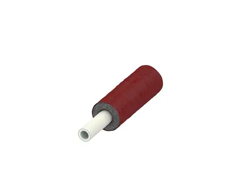 TECEflex Rohr mit roter Außenschicht und grauer Dämmschicht. Das Rohr hat eine weiße Innenfläche und einen zylindrischen Körper ohne sichtbare Maße.